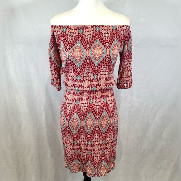On or off shoulder pink and blue Aztec tribal print dress size small - Picture 1 of 6